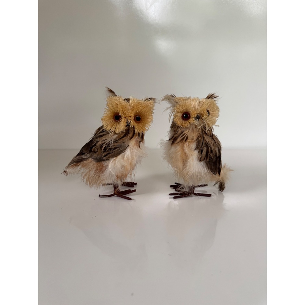 Set of 2 Brown Feathered Owl Figurines Rustic Woodland Fall Decor Folk Art 5"